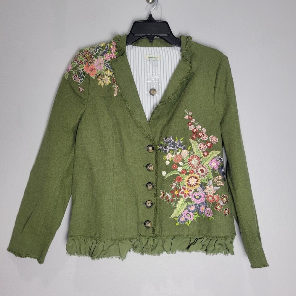 Sundance L Green Tonala Floral Embroidered Linen Blend Blazer